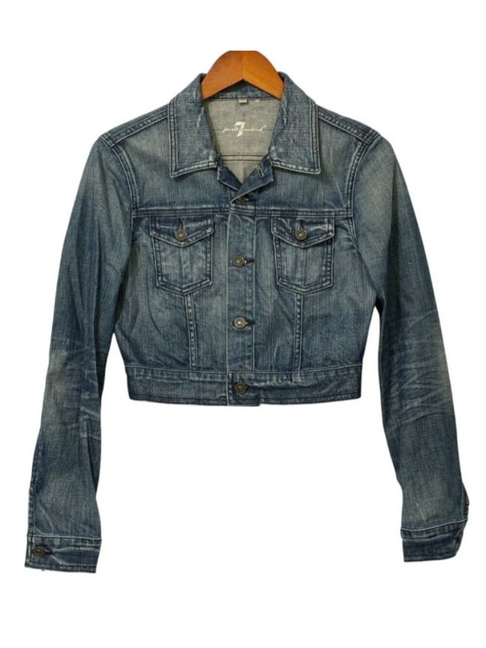 7 for All Mankind Cropped Jean Jacket Trucker Classic Retro Blue Denim Size S - Picture 10 of 11